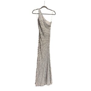 Scala Silver Silk One Shoulder Fully Beaded Evening Gown